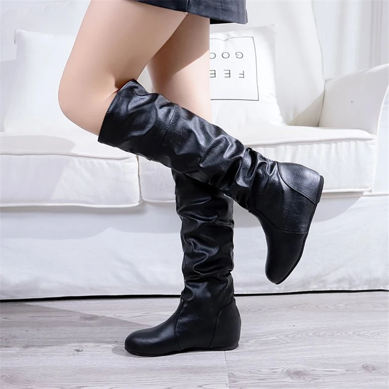 

Wrinkled Soft Leather Women's Boots 2024 Winter Concise Round Toe Warm Mid-Calf Boots Height Increasing Ladies Slip On Long Boot