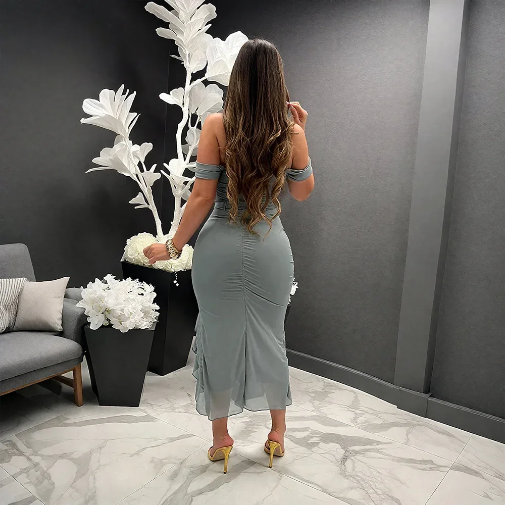 Damska sukienka midi bodycon z odkrytymi ramionami, na ramiączkach spaghetti, z warstwowymi marszczeniami i falbanami, idealna na wakacje, seksowna sukienka na imprezę, sukienki Vestidos 2025