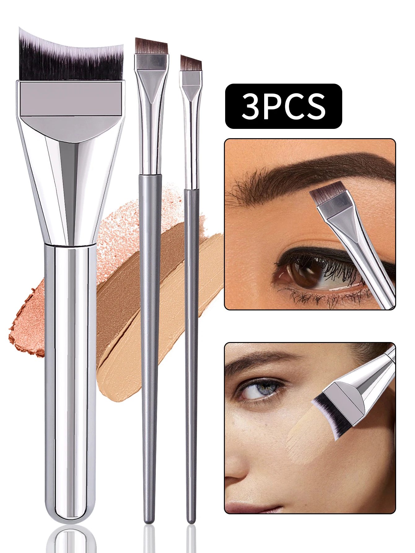 One-Line Arc-Shaped Ultra-Thin Flat-Head Foundation Brush, Liquid Mask Brush with Two Angled Blade Eyeliner Brushes