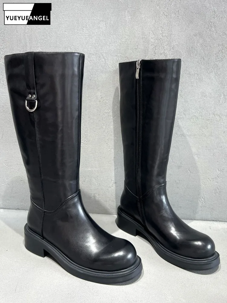 Women Autumn New Knee High Cowhide Genuine Leather Boots Round Toe Thick Platform Moto Biker Riding Shoes Fashion Knight Boots