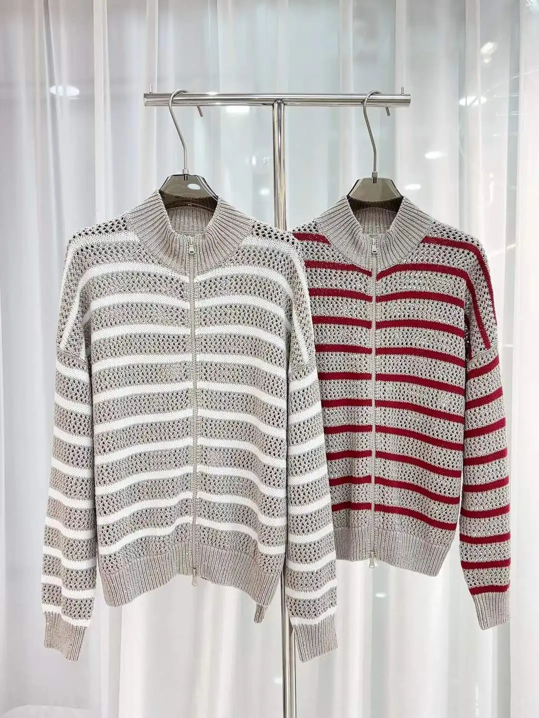 Women's Autumn Striped Zip-Up Mock-Neck Linen Cut-Out Knit Cardigan