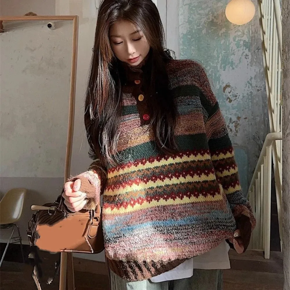 

Leisure Long Sleeve Knit Sweater Women Loose Soft Sweet Girl's Pullover Sweet Retro Winter Autumn Knitted Top Gift