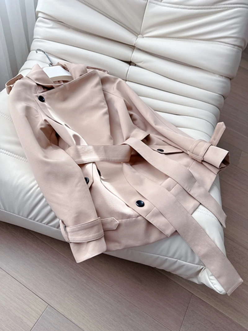 

Korean Sle Irregular Collar Khaki Color Versatile Waist Cinching Belted Mid-Length Ele Windbreaker Spring Outerwear