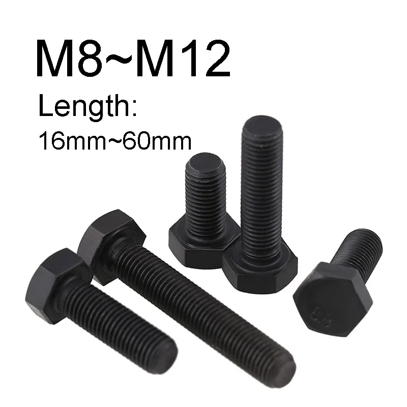 1~2PCS Black Carbon Steel Fine Thread Outside Hex Head Bolts M8 M10 M12 External Hexagon Screws Fine Thread 1mm 1.25mm 1.5mm