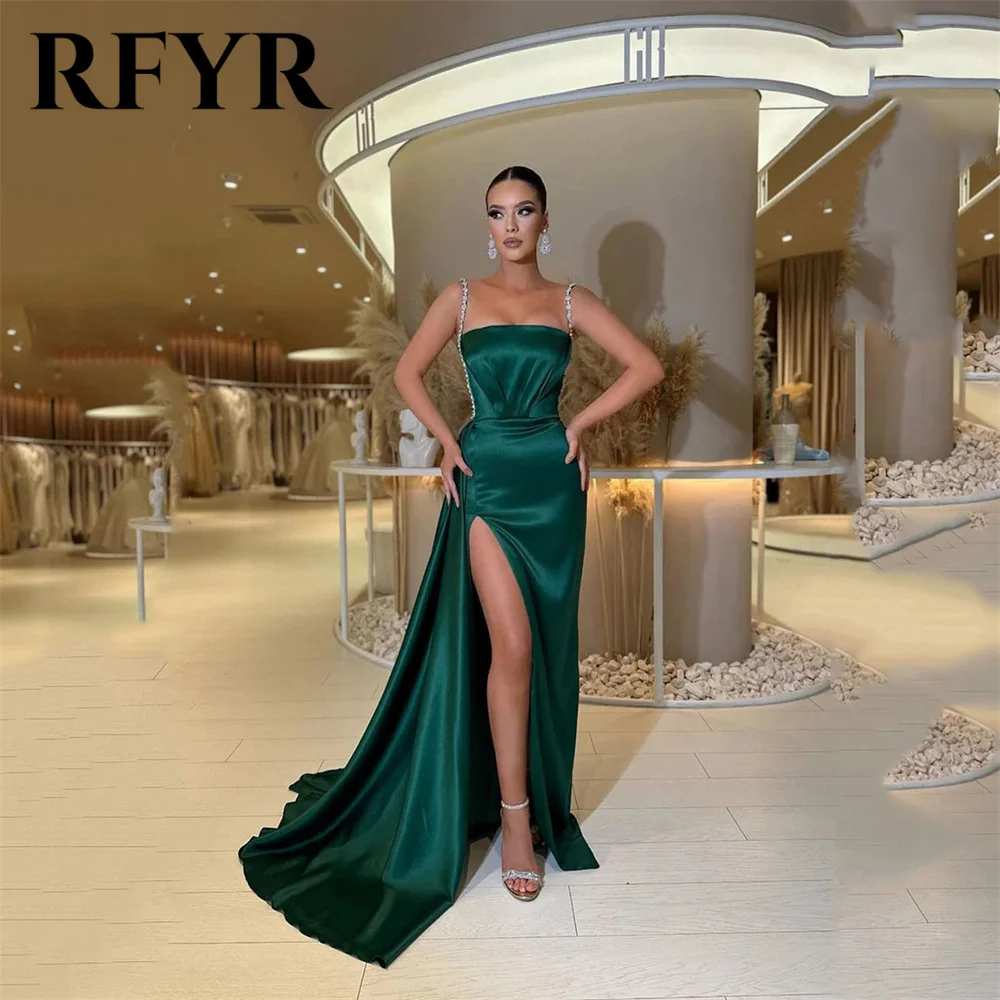 

RFYR Dark Green Prom Dresses Shining Beading Spaghetti Strap Party Dress Stain Strapless فساتين سهره Side Split Evening Dresses