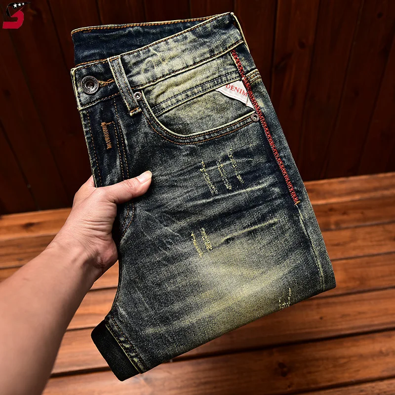 Pantalones vaqueros de motocicleta de gama alta para hombre, Jeans largos elásticos rectos, lavados, Vintage, nostálgicos, otoño