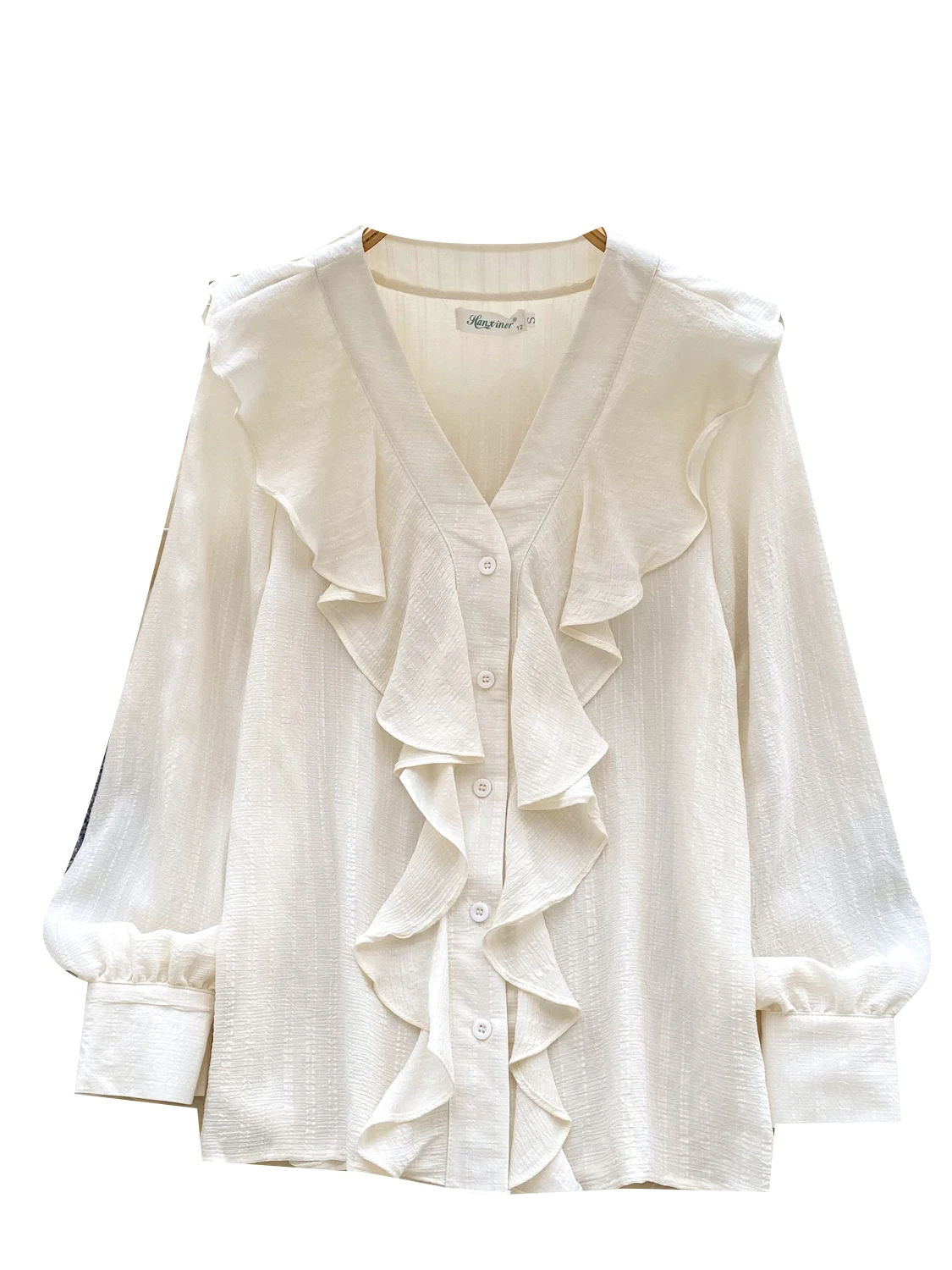 Retro V-Ne Long Sve Women's irt Loose Casual Sle Bell Sve Single Button Autumn Top Faionable Versatile Base Layer