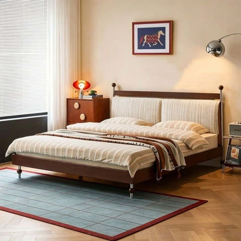 Cotton cloud solid wood bed simple chenille fabric soft bag removable and washable antique master bedroom double bed