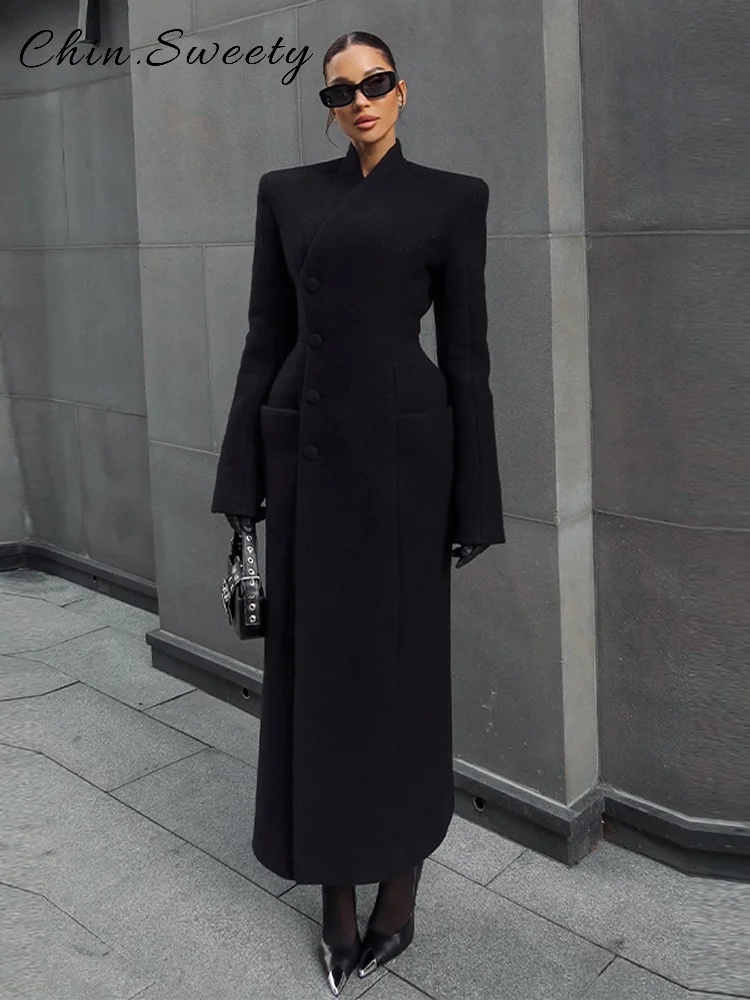 

Street Women's Cinched Waist Long Trench Coats Stand Collar Shoulder Pads Full Sleeve Pockets Overcoats 2026 Spring Lady Outwear