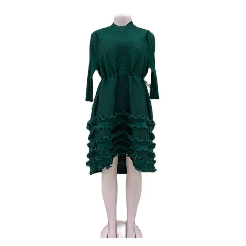 Imagem -06 - Miyake-vestido Feminino Plissado de Meia Manga com Babados Vestido Midi Verde Laranja Primavera Novo Design Original 2023