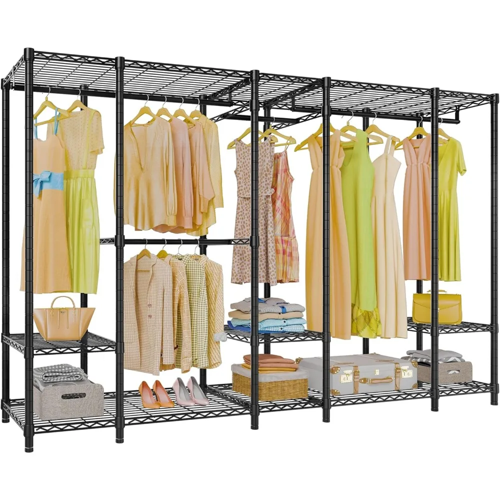 

large capacity freestanding bedroom wardrobe closet with heavy duty clothes rack and multi-functional storage