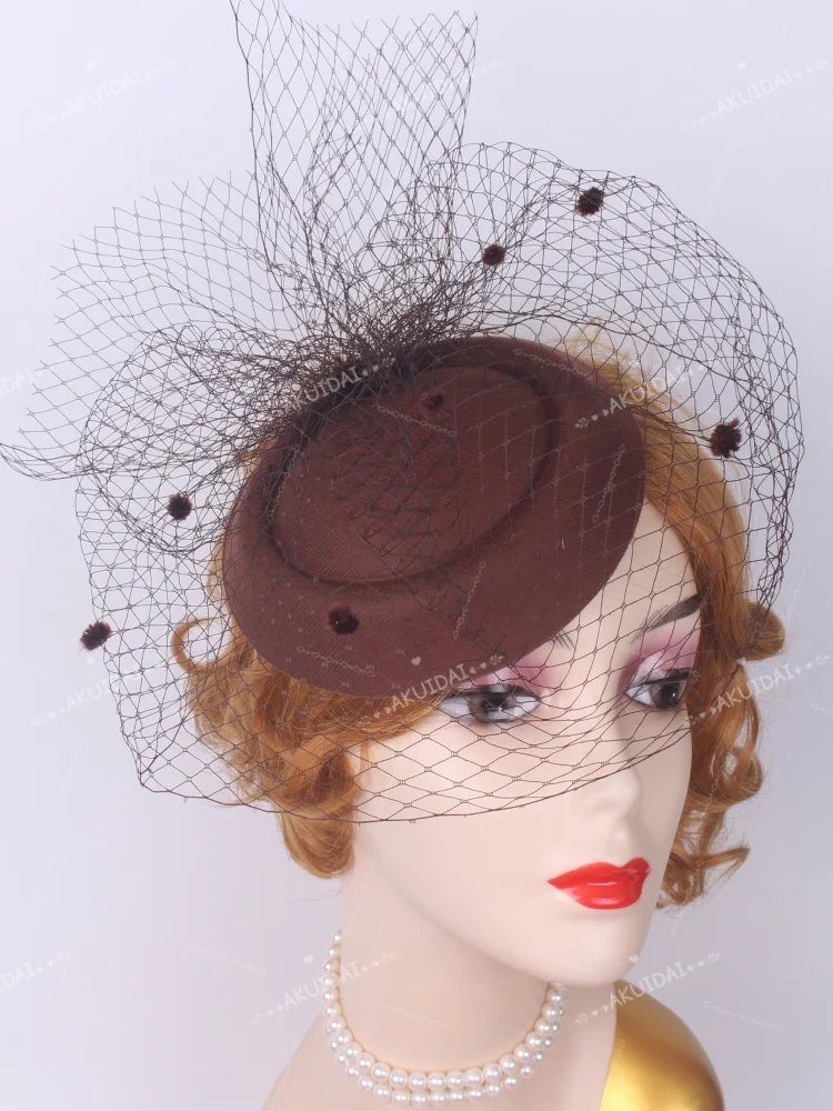 Retro British Brown Veil Small Top Hat Fascinator Headband Mesh Wool Felt Hats Bride Headpiece Cocktail Wedding Hair Accessories