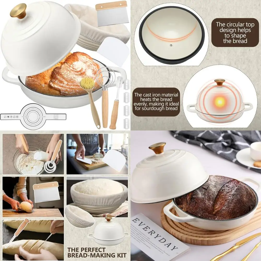 

Эмалированная чугунная голландская духовка с крышкой для выпечки на ударе — набор из 8 предметов, включая корзину для расстойки хлеба для идеальной запечки.