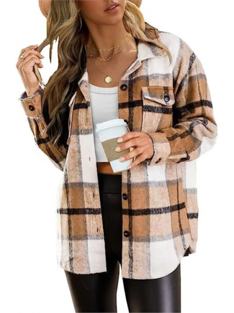 

New Lapel Plaid Shirts Jacket For Women Spring Autumn Single Breasted Brushed Long Sleeve Loose Coats Female Streetwear Girls