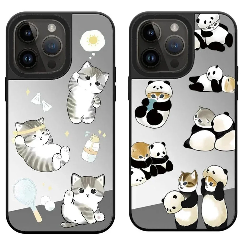 

MagSafe Mirror Surface Lovely Cat Panda iPhone 11 12 13 14 15 Pro Max Protective Case, Fits iPhone 15 Pro Max