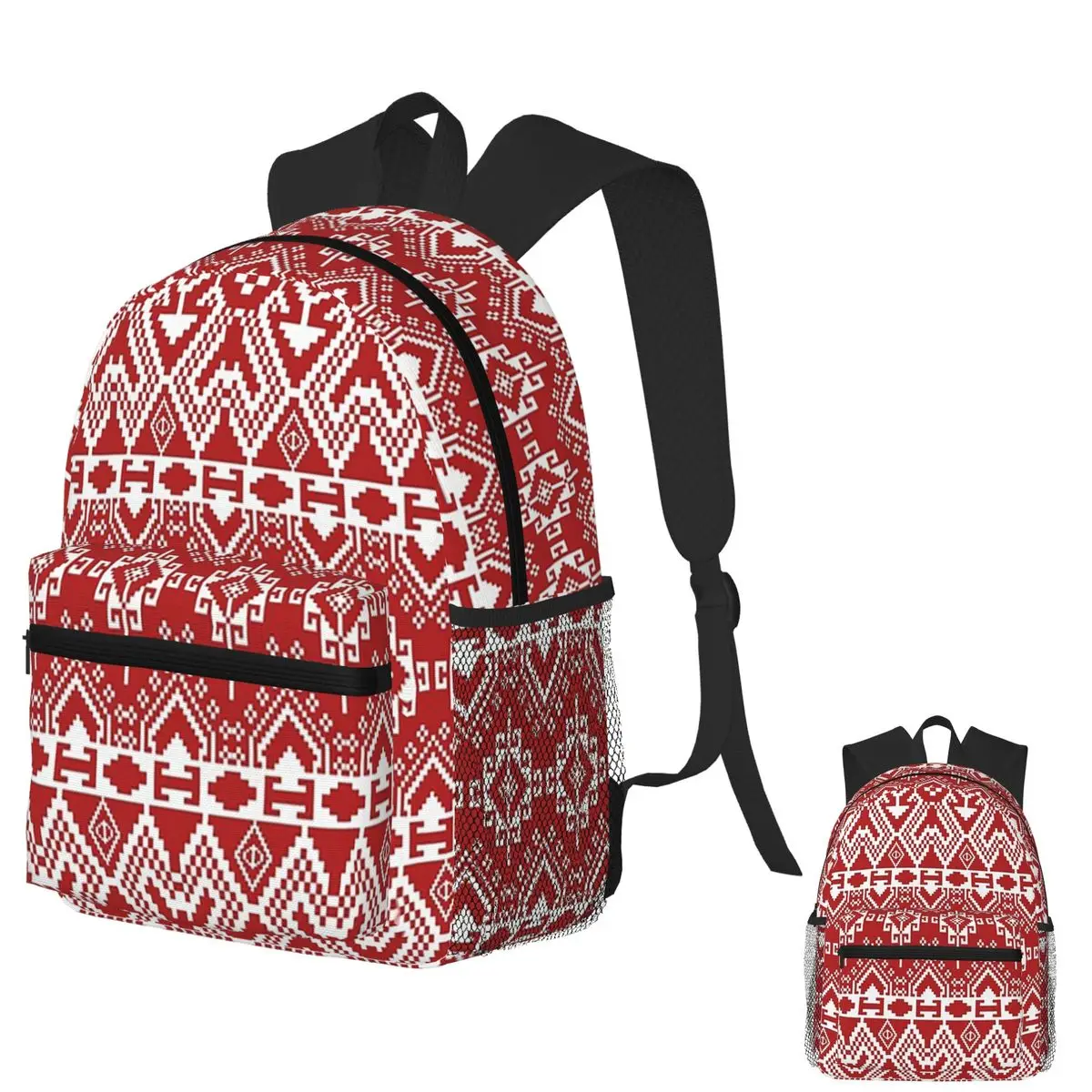 

Traditional Red And White Geometric Pixel Student Backpack School Bag Hiking Travel Daypack for Men Women Bookbag Shoulder Bags