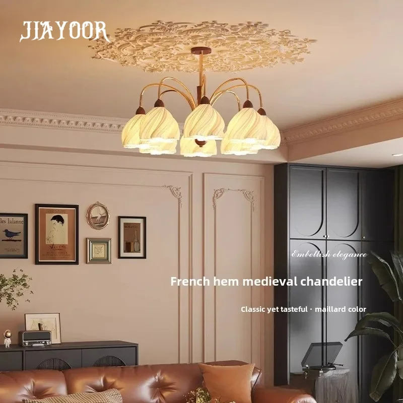 تنورة منتفخة فرنسية كلاسيكية من خشب الجوز الصلب كريمي قلادة ضوء غرفة المعيشة قاعة الضوء الرئيسي لحماية العين على الطراز العتيق الراقية #5