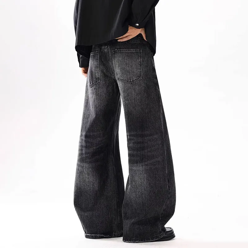 الكورية الخريف والشتاء الرجال الجينز الخيزران منقوشة سكين منحني الجينز فضفاض مستقيم الساق السراويل متوهج قليلا بنطال ذو قصة أرجل واسعة