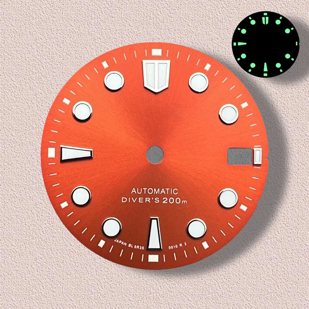 28.5mm logotipo s nh35 sunray dial adequado para movimento nh35/nh36/4r/7s de alta qualidade nh35 modificado acessórios c3 verde luminoso