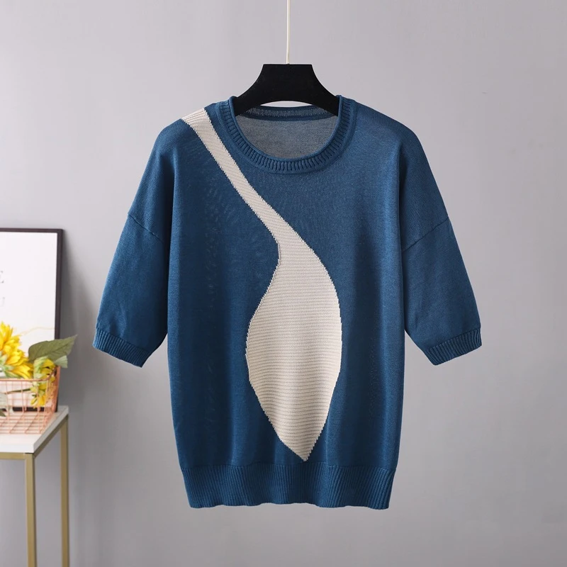 Plus Size Women's Clothing Front Print Shirt Pullover O Neck Top Sweater Loose Casual Half Sleeve Knitwear Female