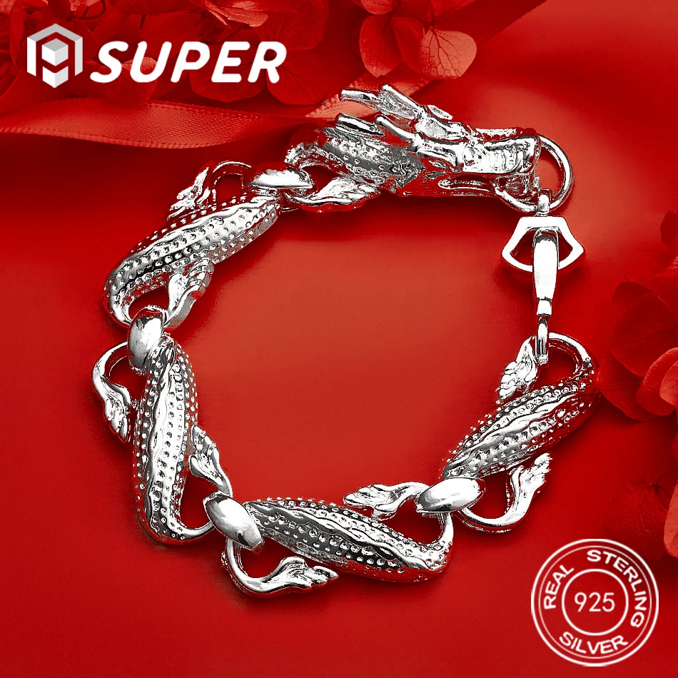 

ALISuper 925 Sterling Silver 8-inch White Chinese Dragon Chain Bracelet for Men and Women, Wedding Jewelry