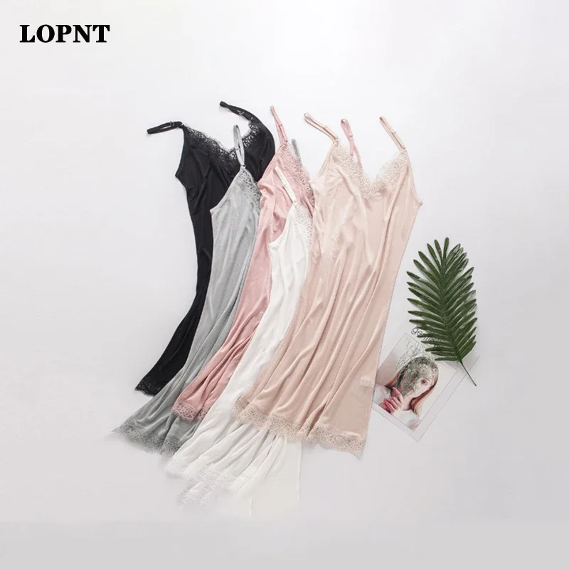 

LOPNT Silk Loose V Collar Lace Camisole Women's Sleepwear Sexy Silk Pajama V-Neck Pyjamas Sleeveless Night Dress Suspender Skirt