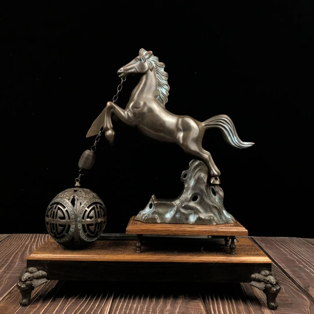Old Brass Jumping Horse Statue Successful horse Spherical incense burner Mountain base Wenfang screen  Amass wealth Town house
