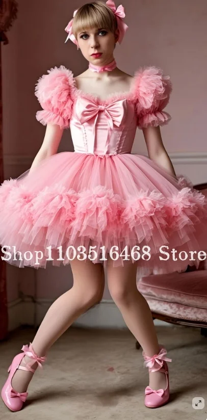 Aangepaste roze balletstijl galajurk strik kant galajurk tule gezwollen minirok speciale gelegenheid galajurk school galajurk