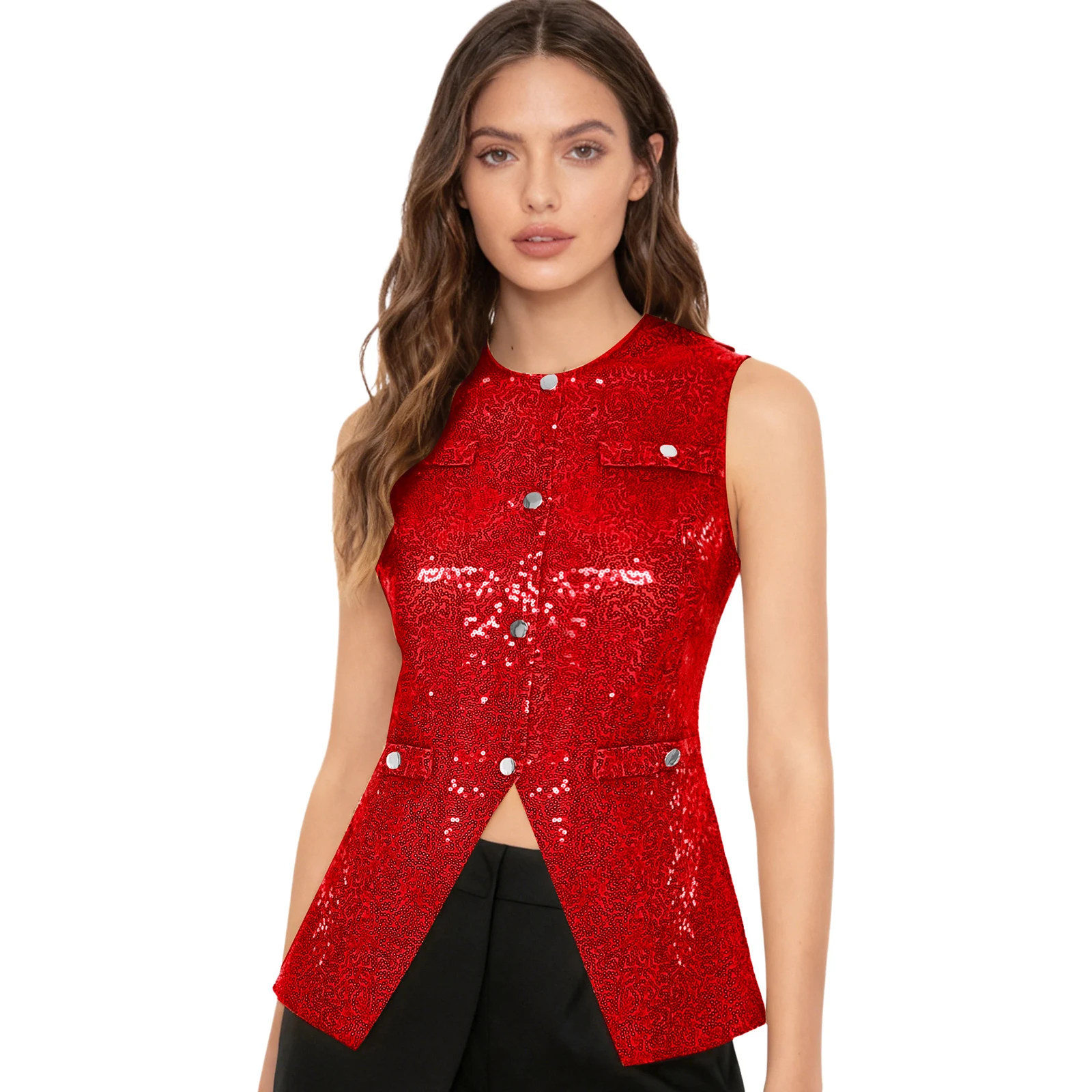 Chaleco brillante de discoteca para mujer, chalecos de lentejuelas sin mangas a la moda para Festival de Música, Ropa de baile puesta en escena para fiesta, traje de baile de Jazz