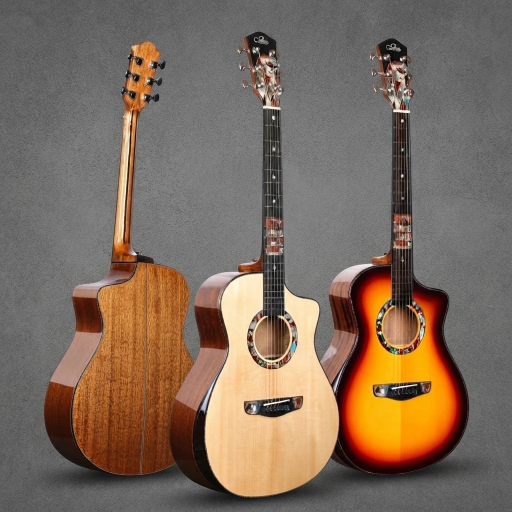 Colorful Rosette Inlay Guitar, Cutaway Acoustic Folk Style, Solid Top, Gloss Finish, Chrome Tuners, 6 Strings for Practice