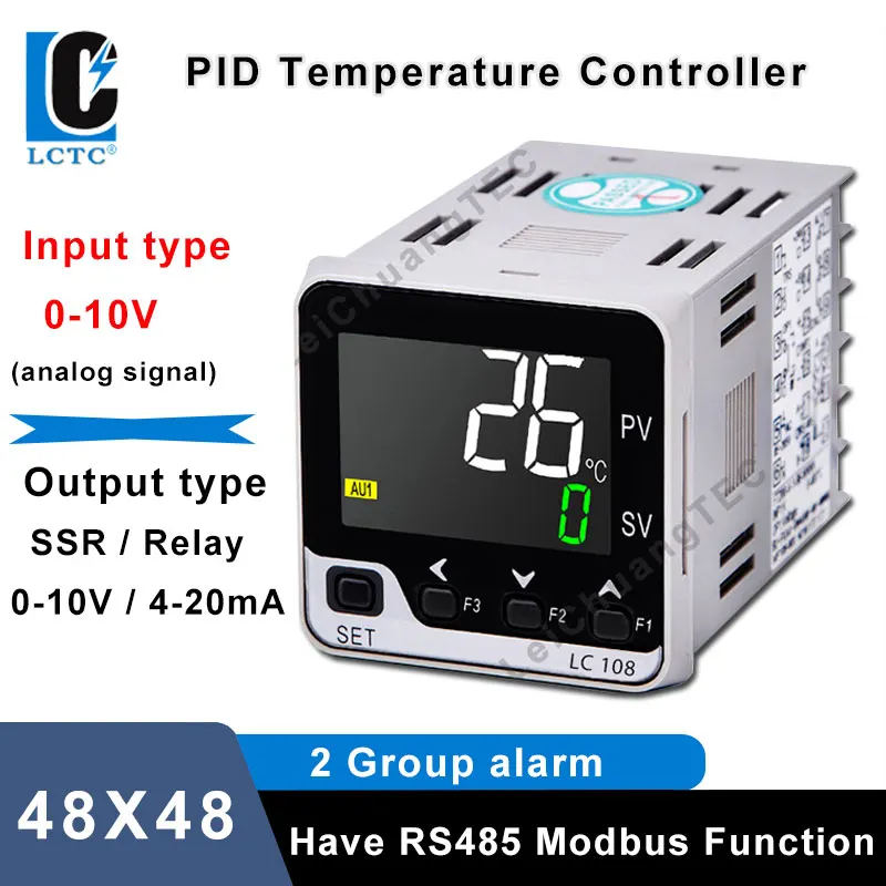 LCTC PID Temperature Controller SSR Relay 4-20MA 0-10V Output PID Regulator 0-10V Analog Input LCD RS485 48x48mm Panel LC108