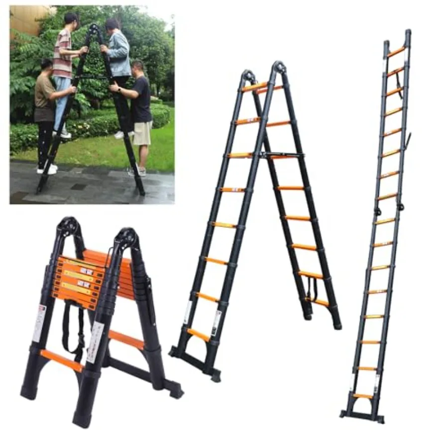 Telescoping A-Frame Ladder 12.5 Ft Compact Aluminum Extension Ladder Portable Telescopic RV Ladder for Outdoor Camper Trips Mot