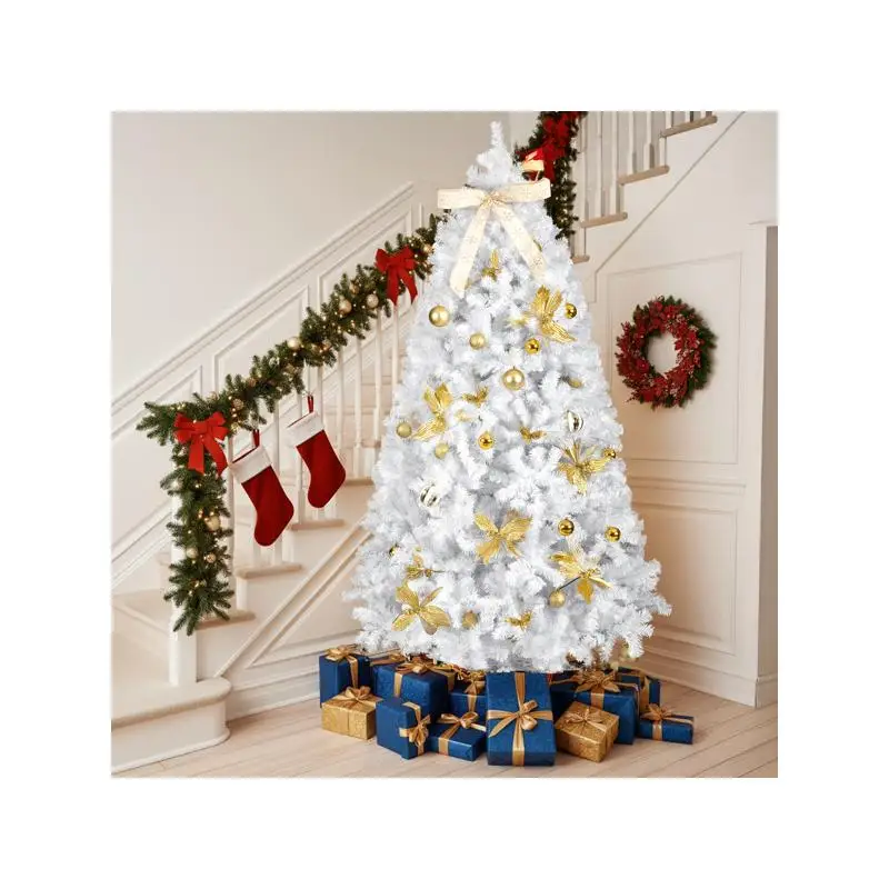 

Искусственная рождественская елка высотой 7,5 футов с 400 теплыми белыми светодиодными фонарями, навесная сосна с юбкой и праздничными украшениями для рождественского дома