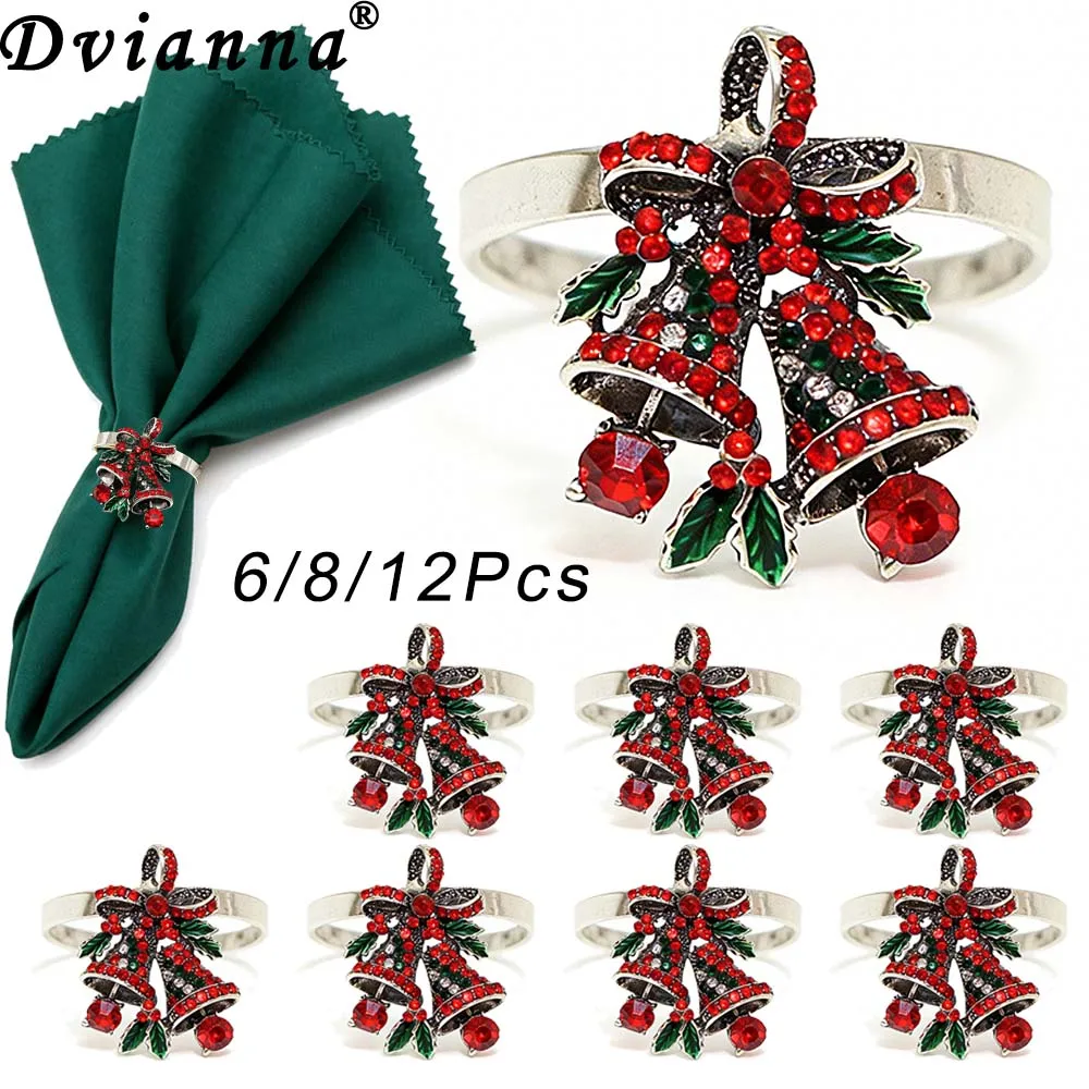 6/8/12Pcs Christmas Napkin Rings Jingling Bell Napkin Holders Ancient Silver Metal Napkin Buckles for Wedding Party Table Decor