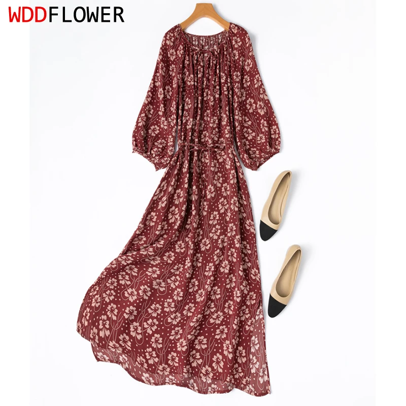 

Women Silk Midi Dress 100% Mulberry Silk Wine Red Floral Printed Belt Waist O Neck 3/4 Sleeve Long Dress Summer 2025 M1455