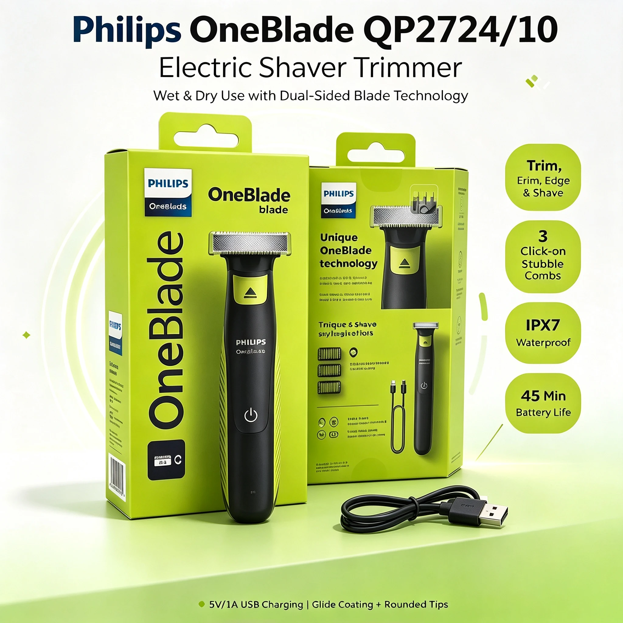 Philips OneBlade Electric Shaver QP2724 Hybrid Trimmer Shaver IPX7 Waterproof with 1mm 3mm Stubble Combs
