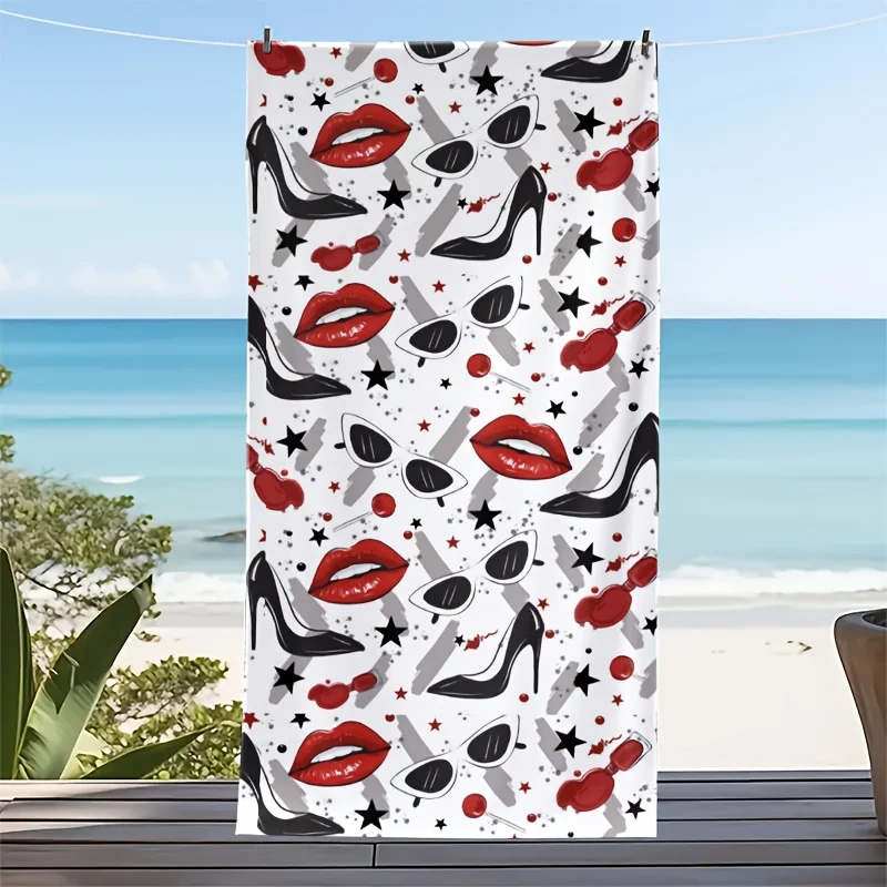 Red lip high heels and sunglasses polyester microfiber beach towel is highly absorbent, suitable for swimming and beach outings