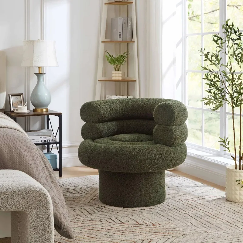 Sherpa Swivel Barrel Chair, Modern Teddy Fabric Accent Armchair, 360° Rotation Comfy Reading Seat for Living Room & Bedroom