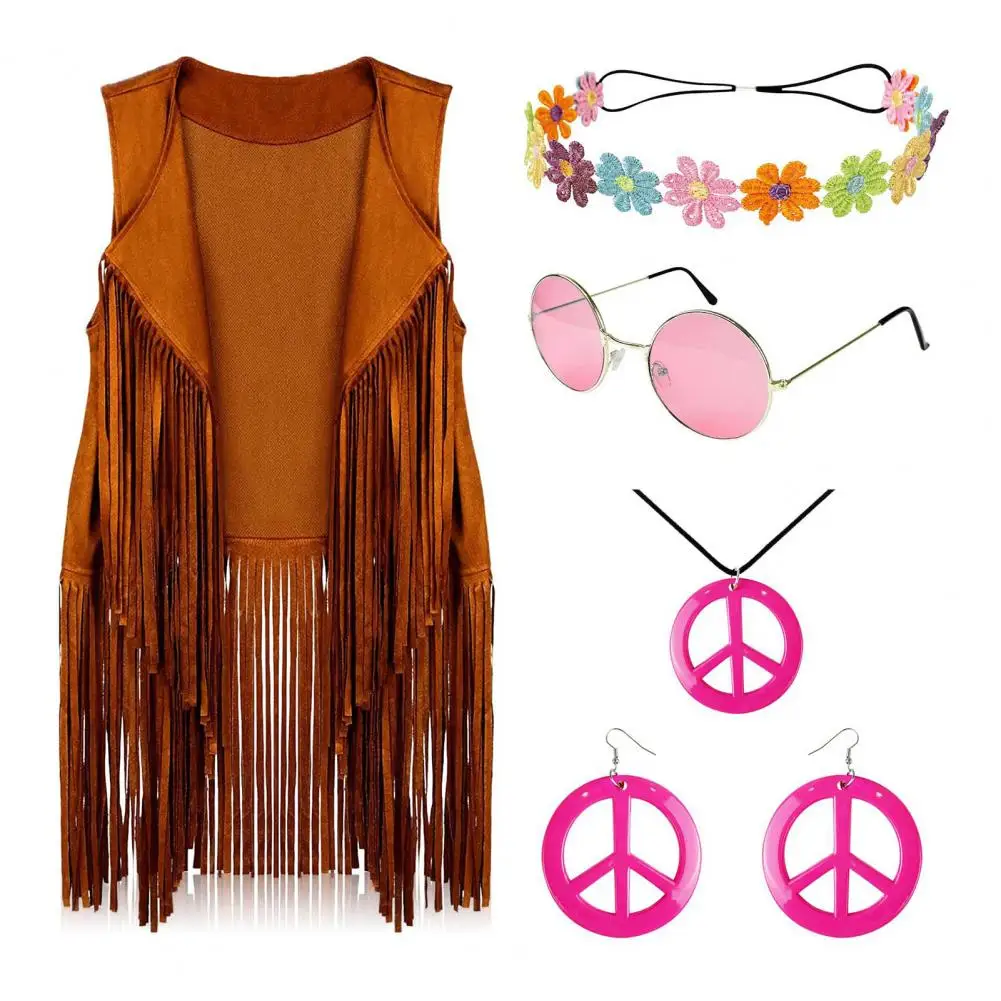 Retro Women Vest with Headband Sunglasses Necklace Earrings Tassel Cardigan Waistcoat Dance Party Disco Halloween Vest