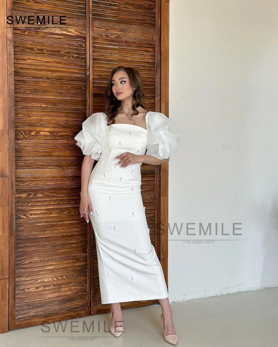 SWEMILE White Sheath Chiffon Square Neckline Short Sleeves Evening Dress Wedding Party Dress Vestidos Para Eventos Especiales