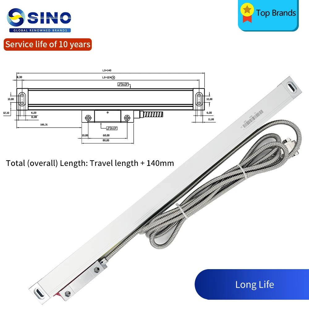 SINO 0.005mm K35 Optical Grating Ruler Sensor Linear Scale For DRO Lathe Milling Machine TTL 50mm~ 450mm