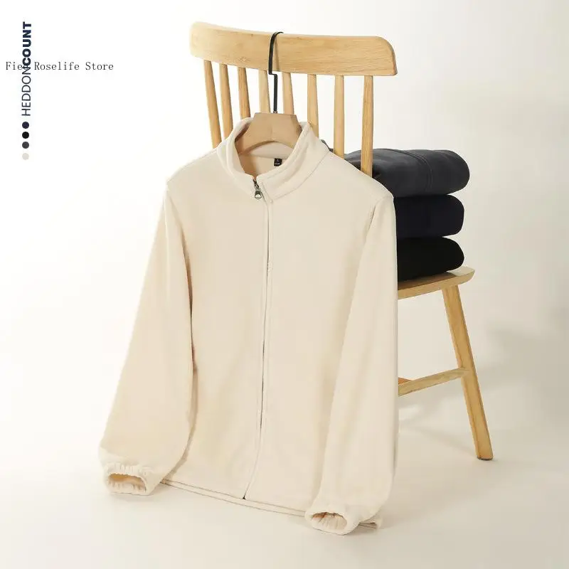 Spring and Autumn Winter Double Sided Velvet Standing Collar Pure Color Casual Jacket Zipper Jacket Cardigan Sweater Men's