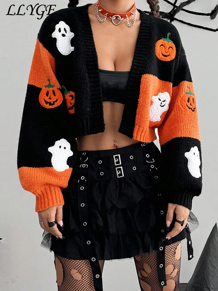 Halloween Pumpkin Print Knit Cardigan Women Panelled V-neck Lantern Sleeve Short Sweater 2024 Autumn Winter Lady Cozy Knitwear