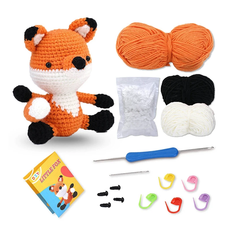 Crochet Kits DIY Animal Cute Fox Crochet Kit With Knitting Markers Easy Yarn Ball,Instructions