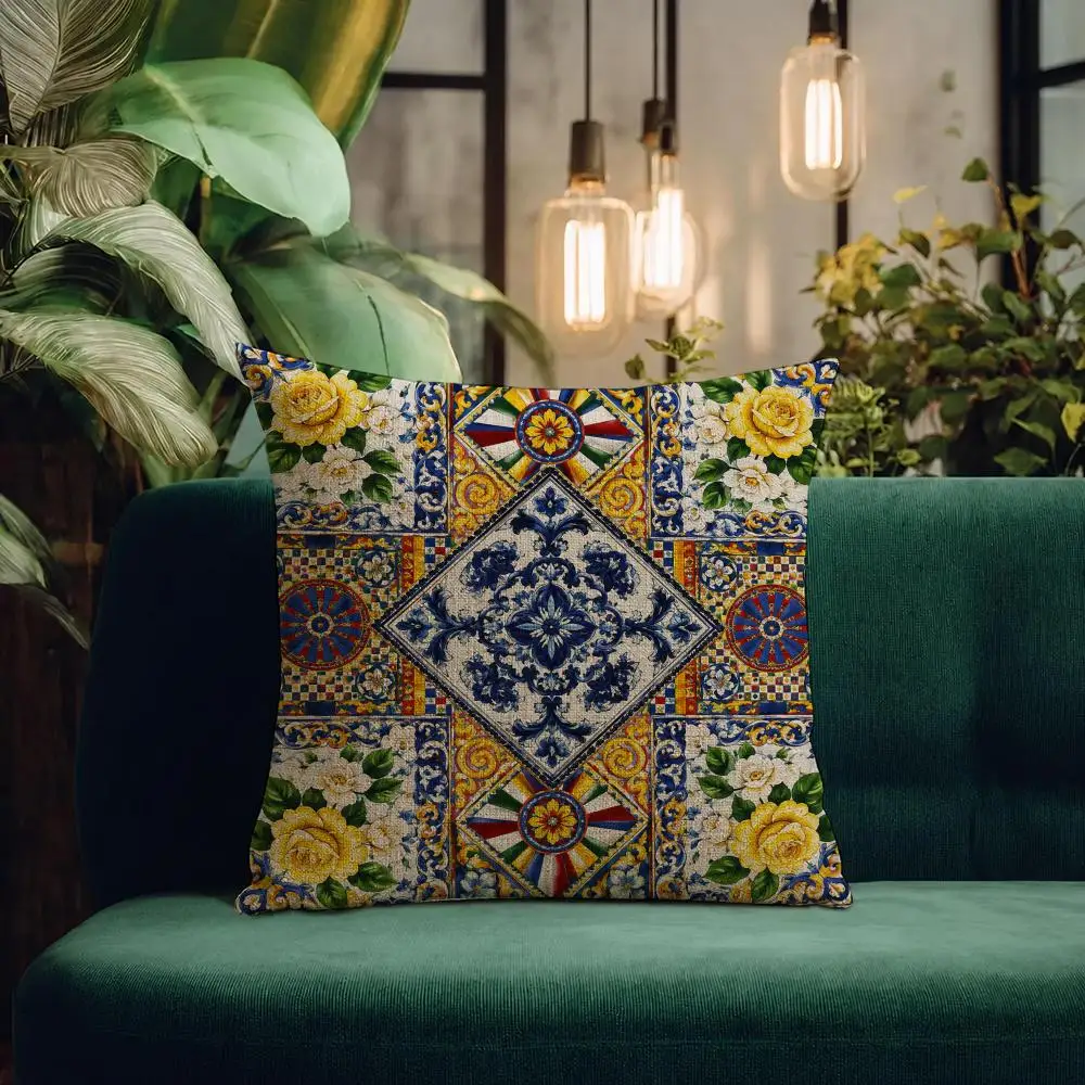 Art Mediterranean Majolica Vintage Tile Cushion Cover Natural Linen Pillowcase Set Cushion Cover for Sofa Bedroom Chair