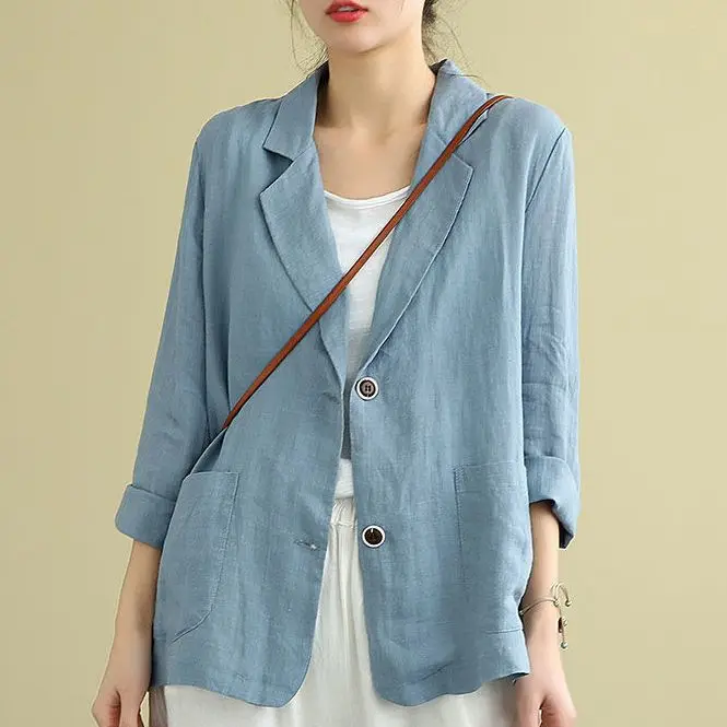 New Women Blazers Cotton Linen Spring Summer Solid Color Button Pocket Fashion Casual Female Jacket Office Ladies Coat M-2XL