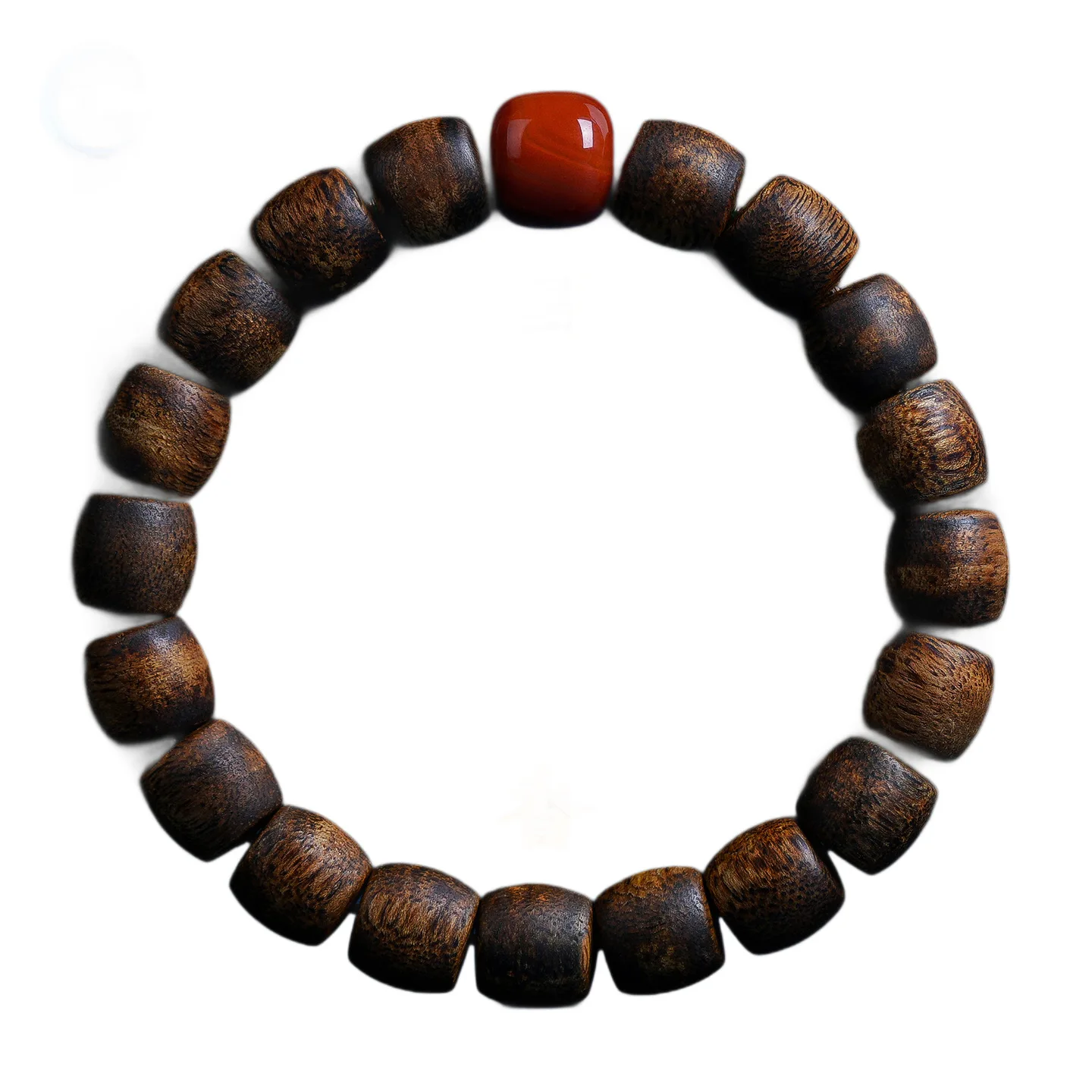 Yingge Green Agarwood Barrel Bead Bracelet with South Red Agate for Women Buddhist Prayer Beads Gifts