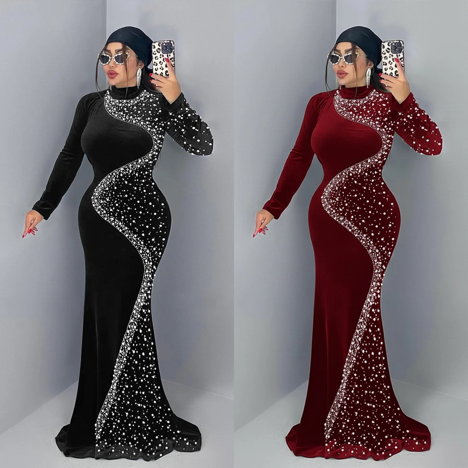 c7616-european-and-american-fashion-women's-clothing-temperament-elegant-velvet-hot-diamond-dress-dress