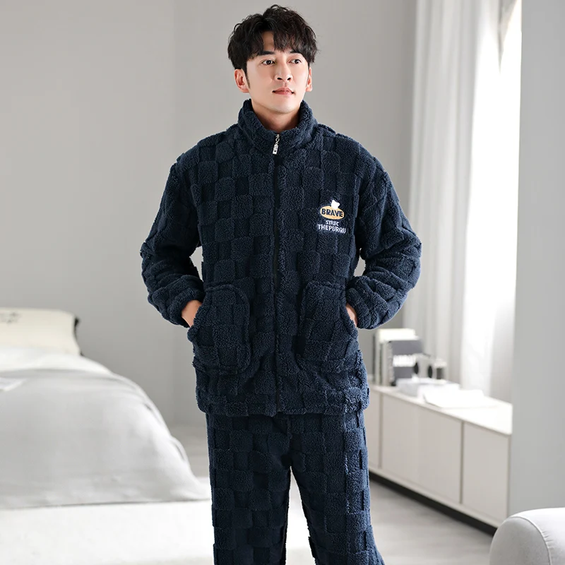 

Pajamas men's winter plush fabric cardigan zipper comfortable thick flannel keep warm casual pijamas hombre men's home set