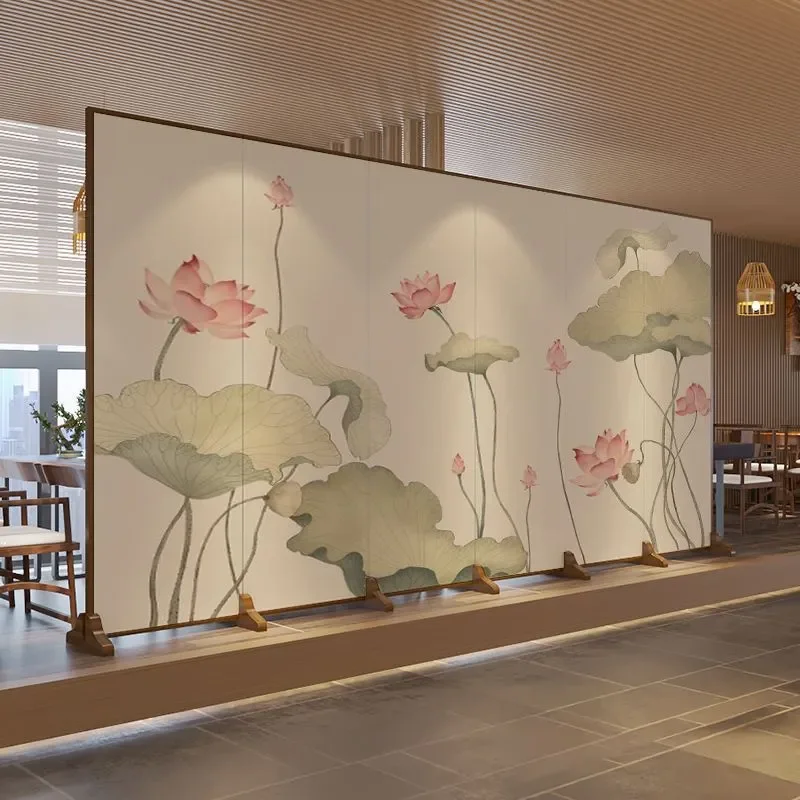 Chinese Zen Lotus Fabric Screen Partition Folding Room Divider for Living Room Entrance Hotel Restaurant Office Tea Room